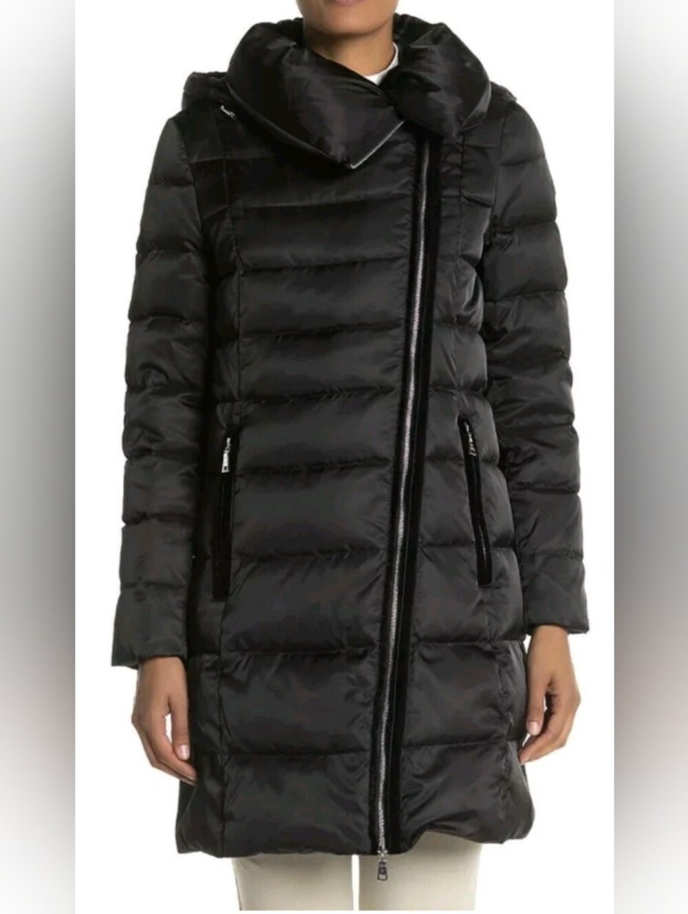 Tahari Brooklyn Hooded Asymmetrical Zip Down Black Puffer Coat